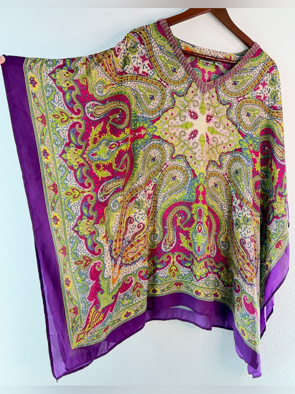 VTG Y2K Chicos Colorful Boho Paisley Satin Poncho Cover Up Tunic Top Hippie Bead